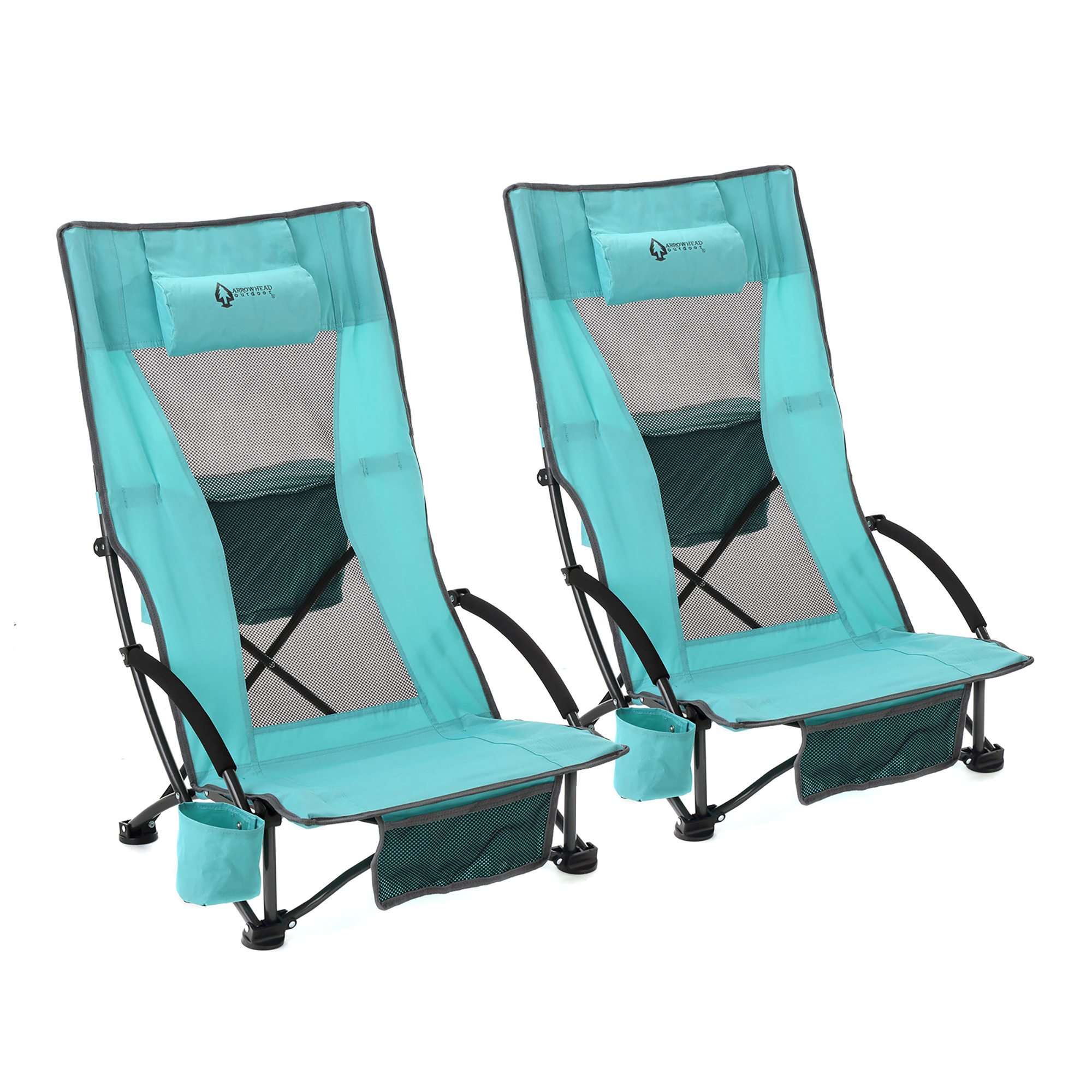 Arrowhead Outdoor Portable Reclining Beach Chair — Low-Profile, Padded Headrest, Cup Holder, Carry Bag, Aqua Blue, 2-Pack, Model# TSRTKKS0362U